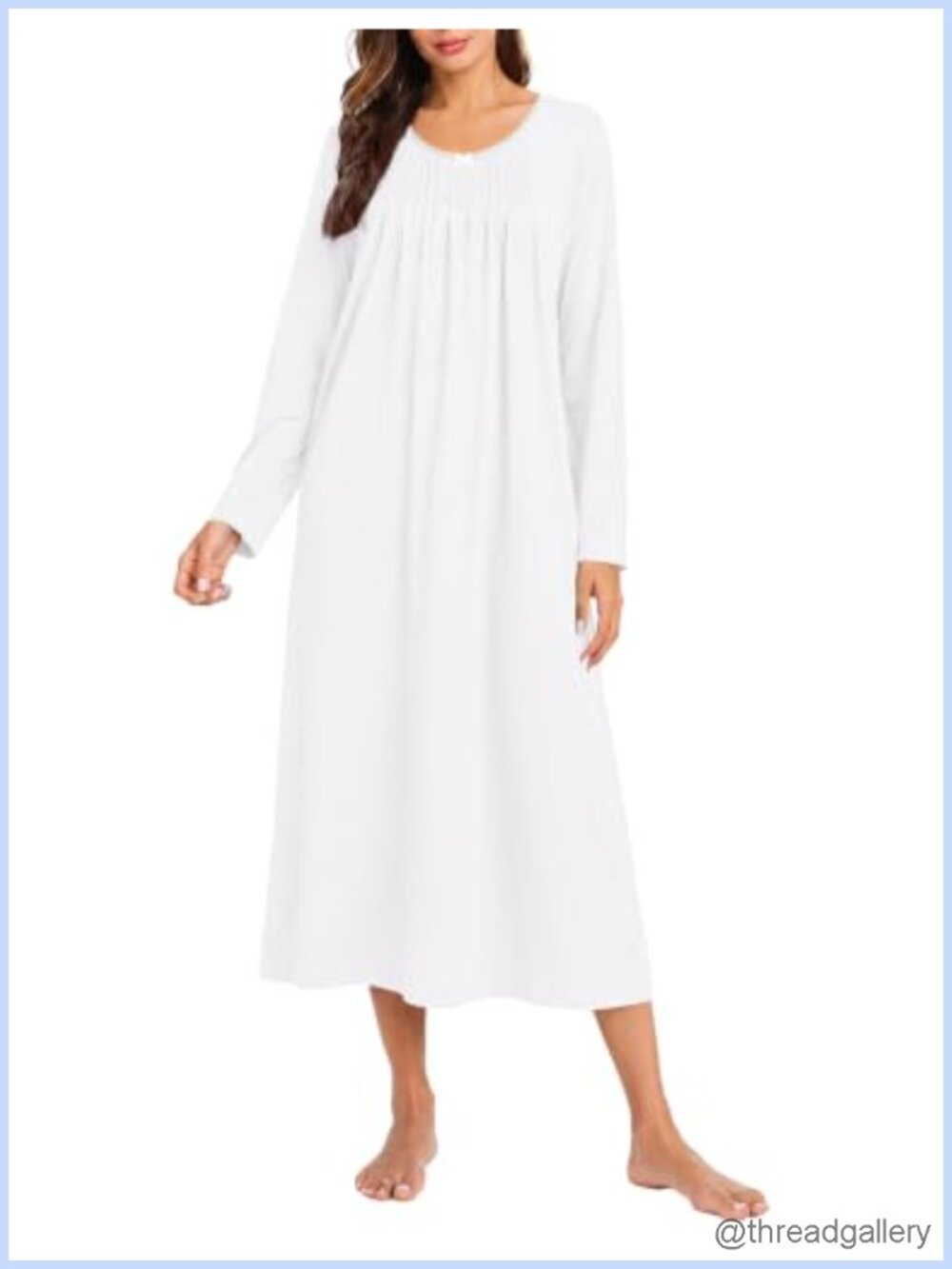 Cotton Nightgown Women Long Sleeve Round Neck Lace Trim Calf Length